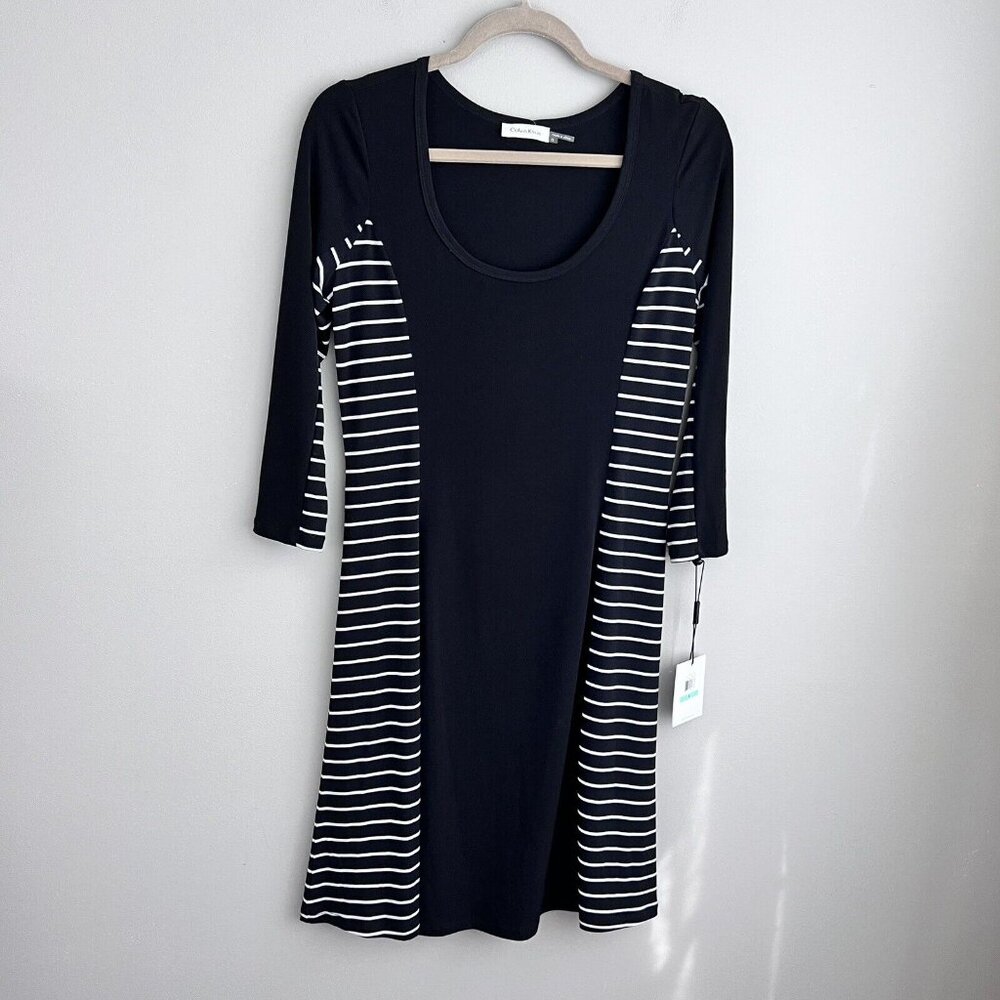 Calvin Klein Black White Striped Stretch Dress